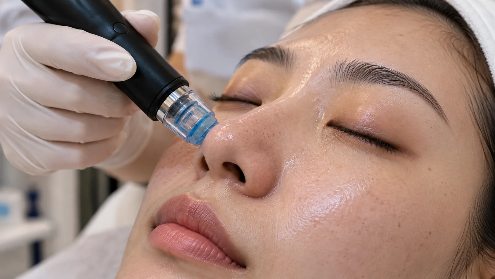 Close-up of a gentle device-assisted Hydrafacial treatment